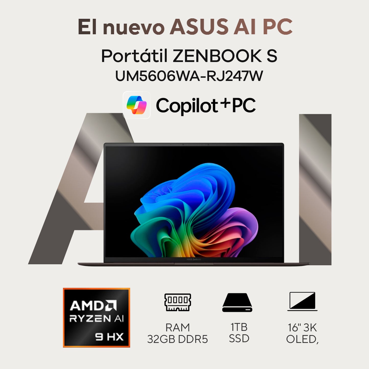 Portátil Asus UM5606WA Ryzen AI 9 HX 370 32GB 1TB Zenbook