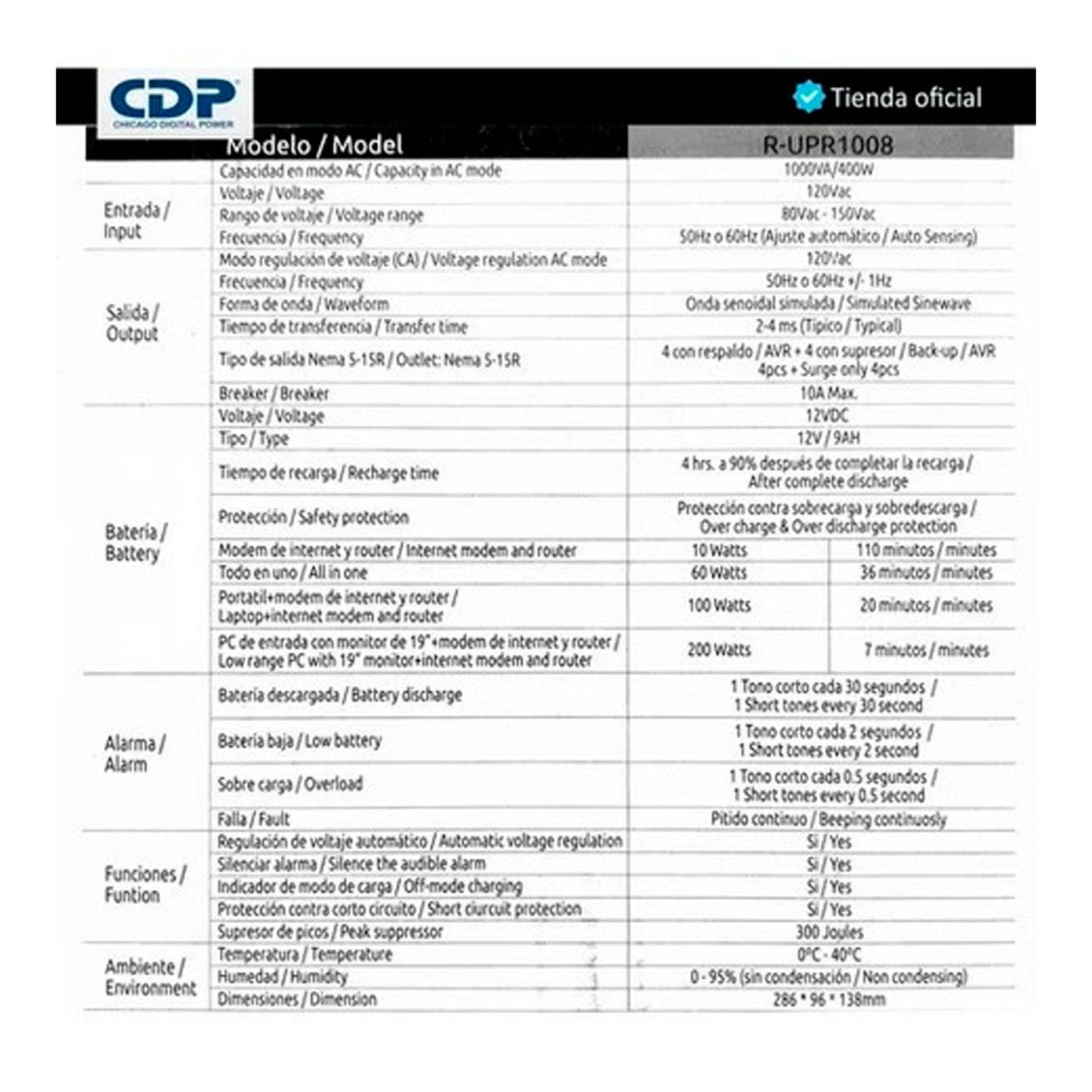 Ups Cdp R-upr 1008 1000va 1kva 8 Tomas