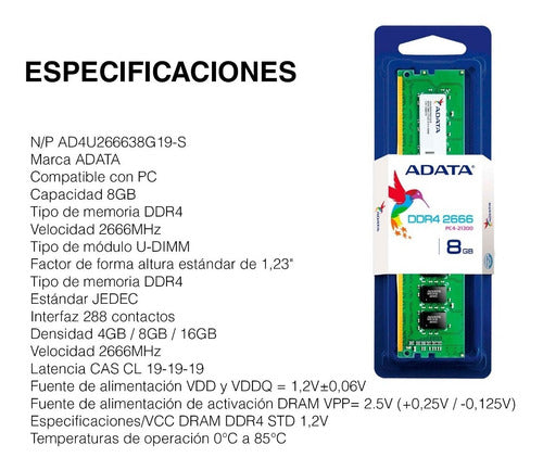 Memoria Ram 8gb Para Pc Ddr4 2666 Adata