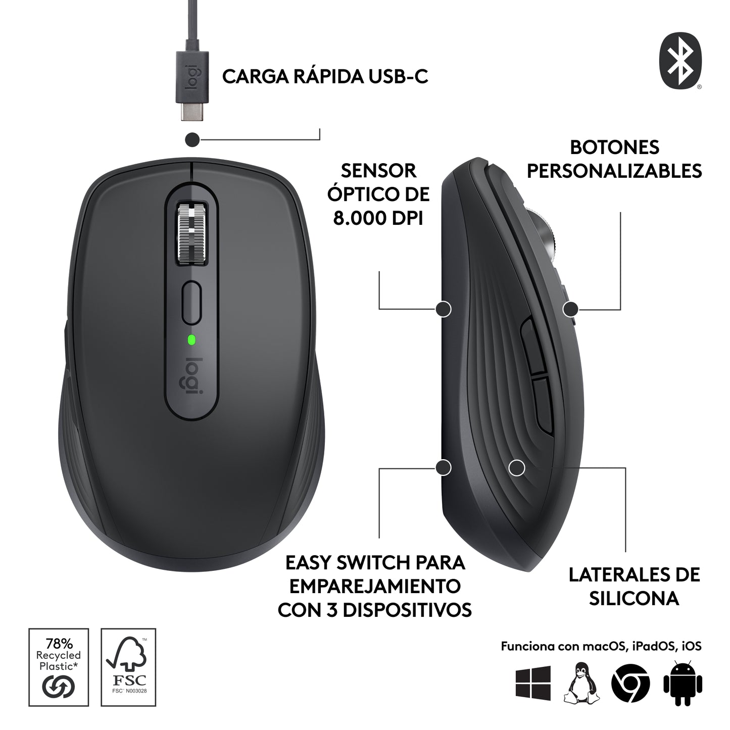 Mouse inalámbrico Logitech MX ANYWHERE 3S Recargable Grafito