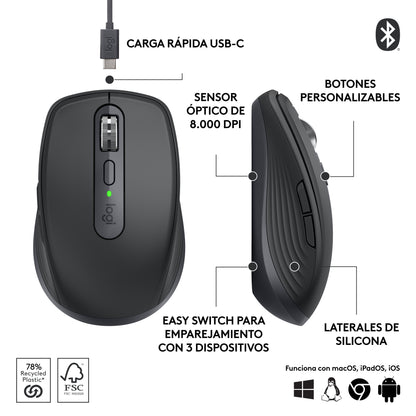 Mouse inalámbrico Logitech MX ANYWHERE 3S Recargable Grafito