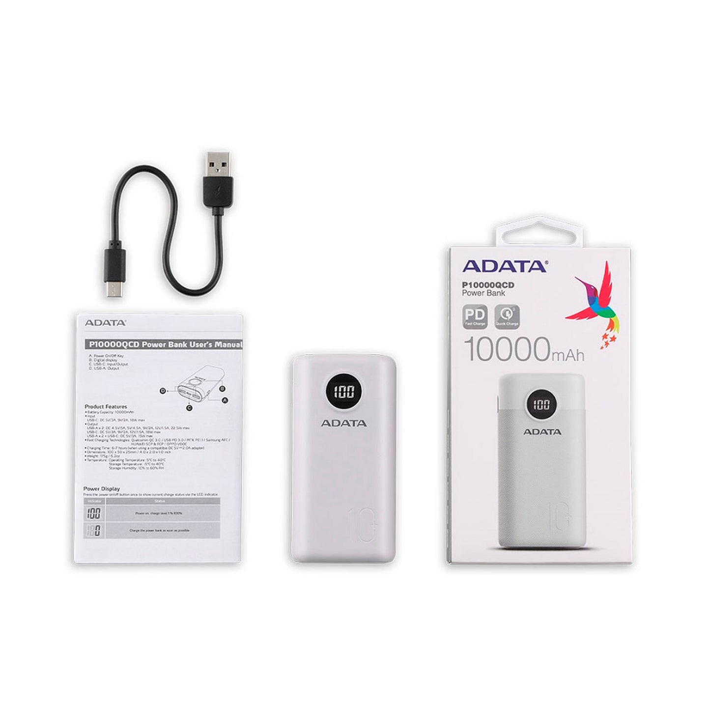 Power Bank Adata 10000 Mah AP10000QCD Multi Carga - Blanco