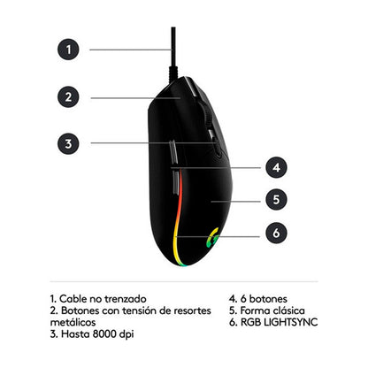 Mouse Gamer Logitech G203 Rgb Lighsync 6 Botones 8000 Dpi