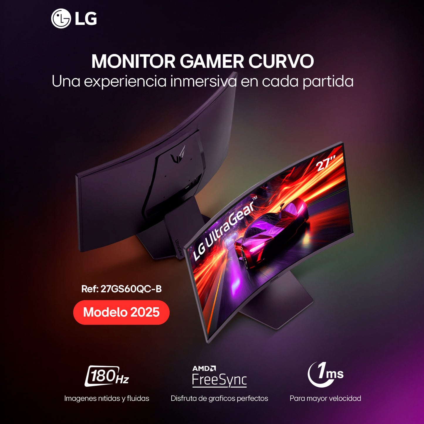 Monitor Curvo Gamer UltraGear LG 27GS60QC QHD 180Hz 1ms 27”