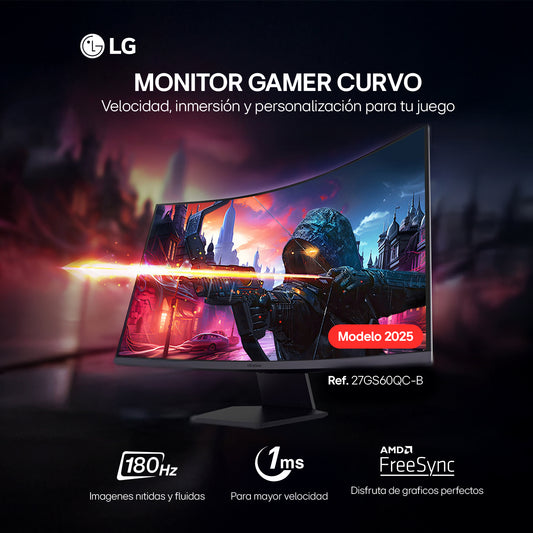Monitor Curvo Gamer UltraGear LG 27GS60QC QHD 180Hz 1ms 27”