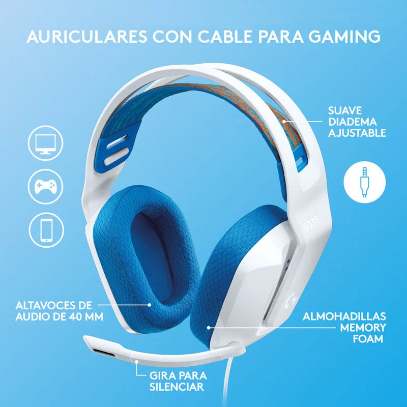 Diadema Gamer Logitech G335 3.5mm PC Xbox Play Switch Blanco