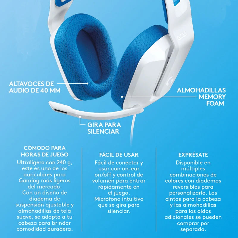Diadema Gamer Logitech G335 3.5mm PC Xbox Play Switch Blanco