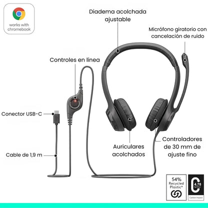 Diadema Logitech H390 Stereo Usb Typo-C - Negro