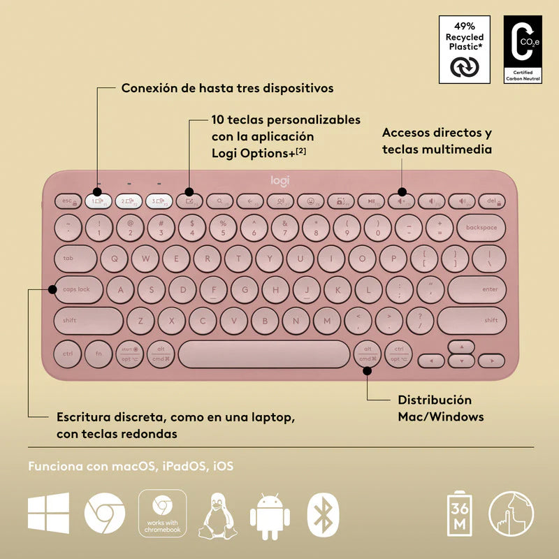 Teclado Inalámbrico Logitech K380s Bluetooth Pebble Rosa