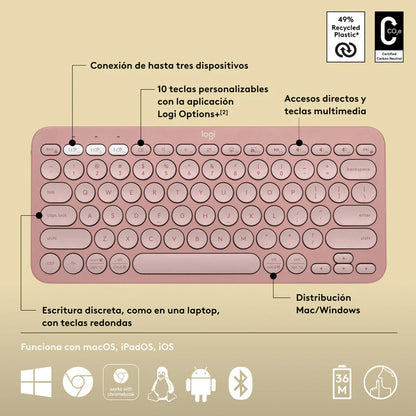 Teclado Inalámbrico Logitech K380s Bluetooth Pebble Rosa