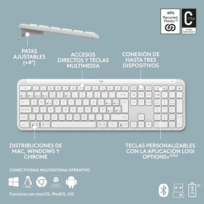 Teclado Inalámbrico Logitech Slim K950 Bluetooth - Blanco