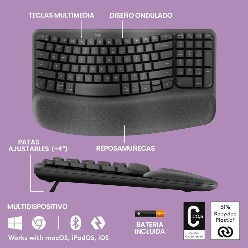 Teclado Logitech Wave Keys Ergonómico Inalámbrico Bt / Bolt