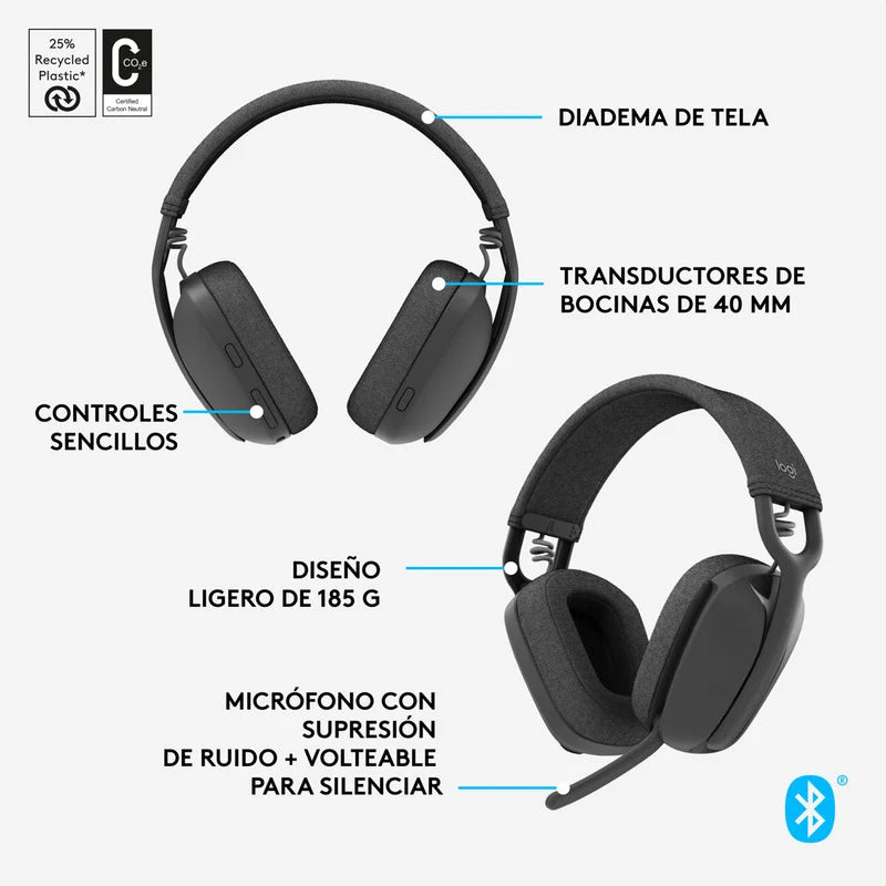 Diadema Logitech Zone Vibe 100 Bluetooth 5.2 Mac PC Negro