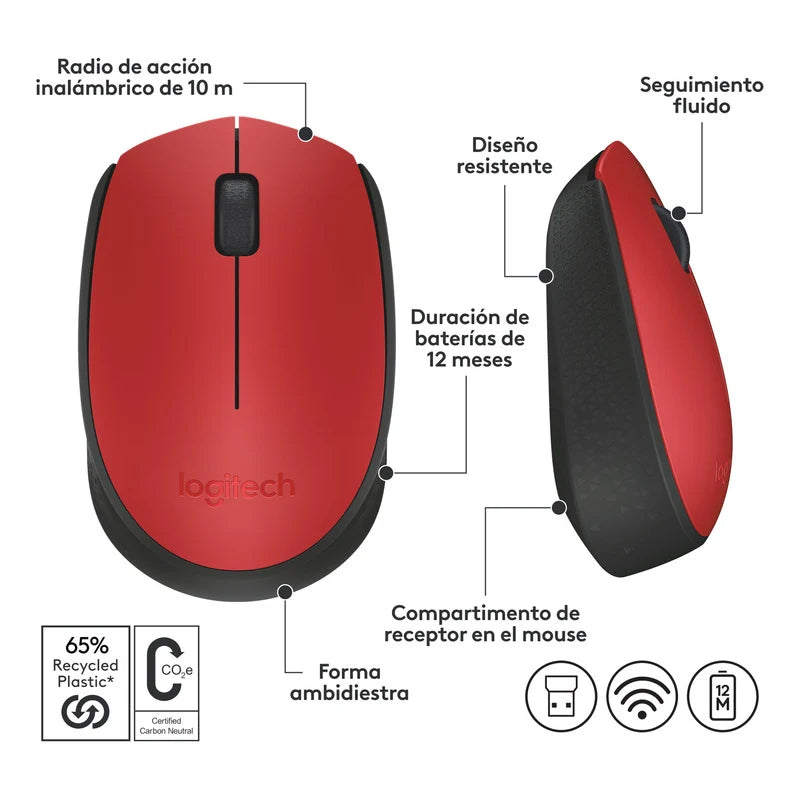 Mouse Inalámbrico Logitech M170 Rojo Y Negro