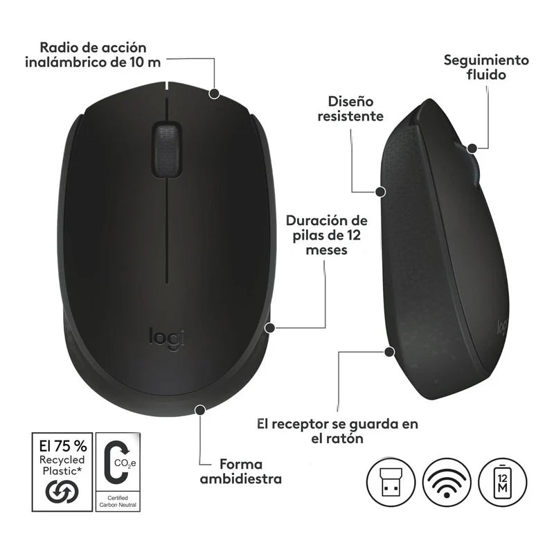 Mouse Inalámbrico Logitech M170 Usb Incluye Baterias Negro