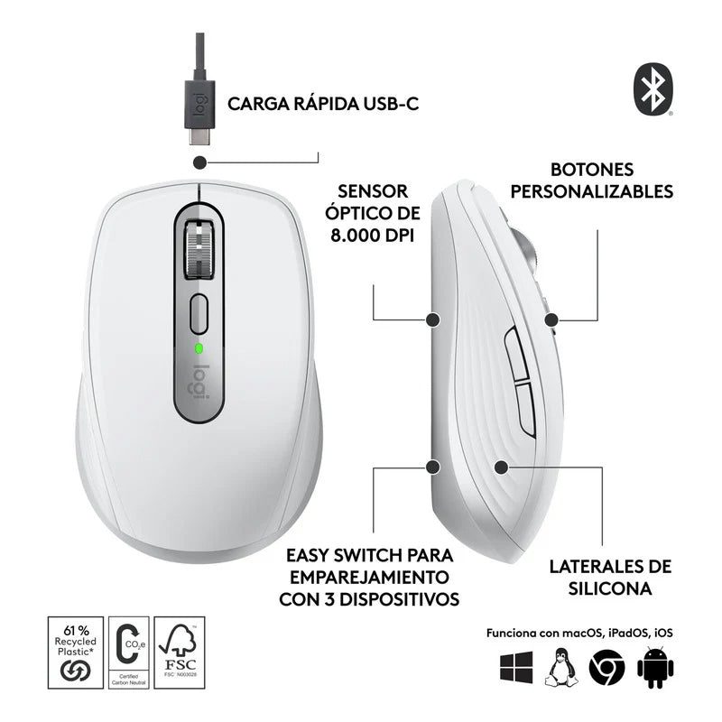 Mouse inalámbrico Logitech MX ANYWHERE 3S Recargable Gris
