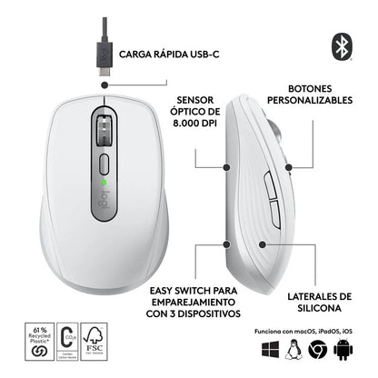Mouse inalámbrico Logitech MX ANYWHERE 3S Recargable Gris