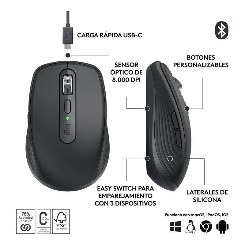Mouse inalámbrico Logitech MX ANYWHERE 3S Recargable Grafito