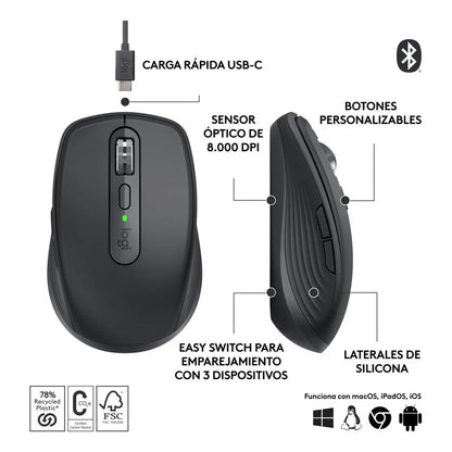 Mouse inalámbrico Logitech MX ANYWHERE 3S Recargable Grafito