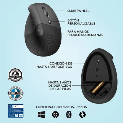 Mouse Vertical Inalámbrico Logitech Serie Ergo Lift Grafito