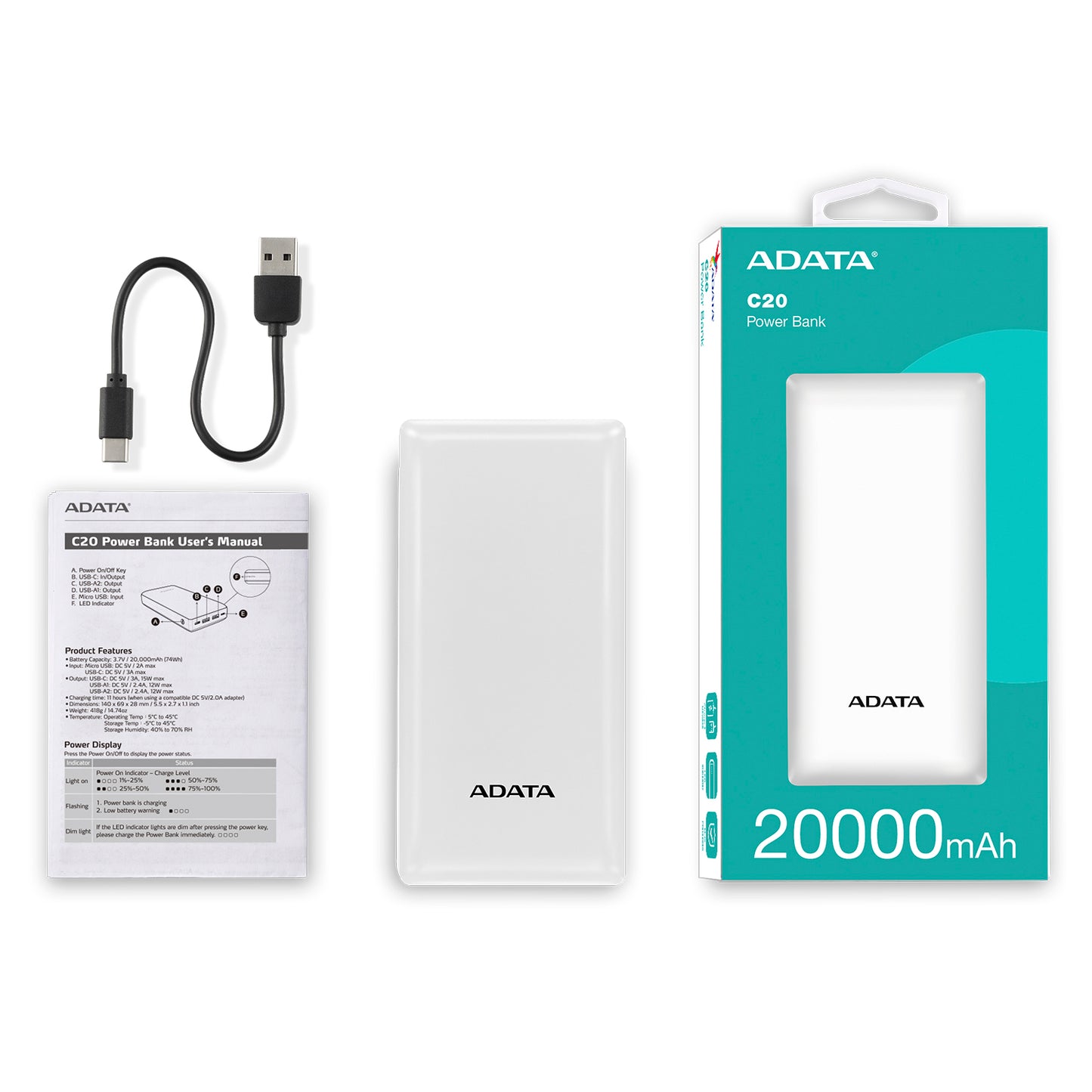 Power Bank Adata 20000 Mah C20 Multi Carga - Blanco