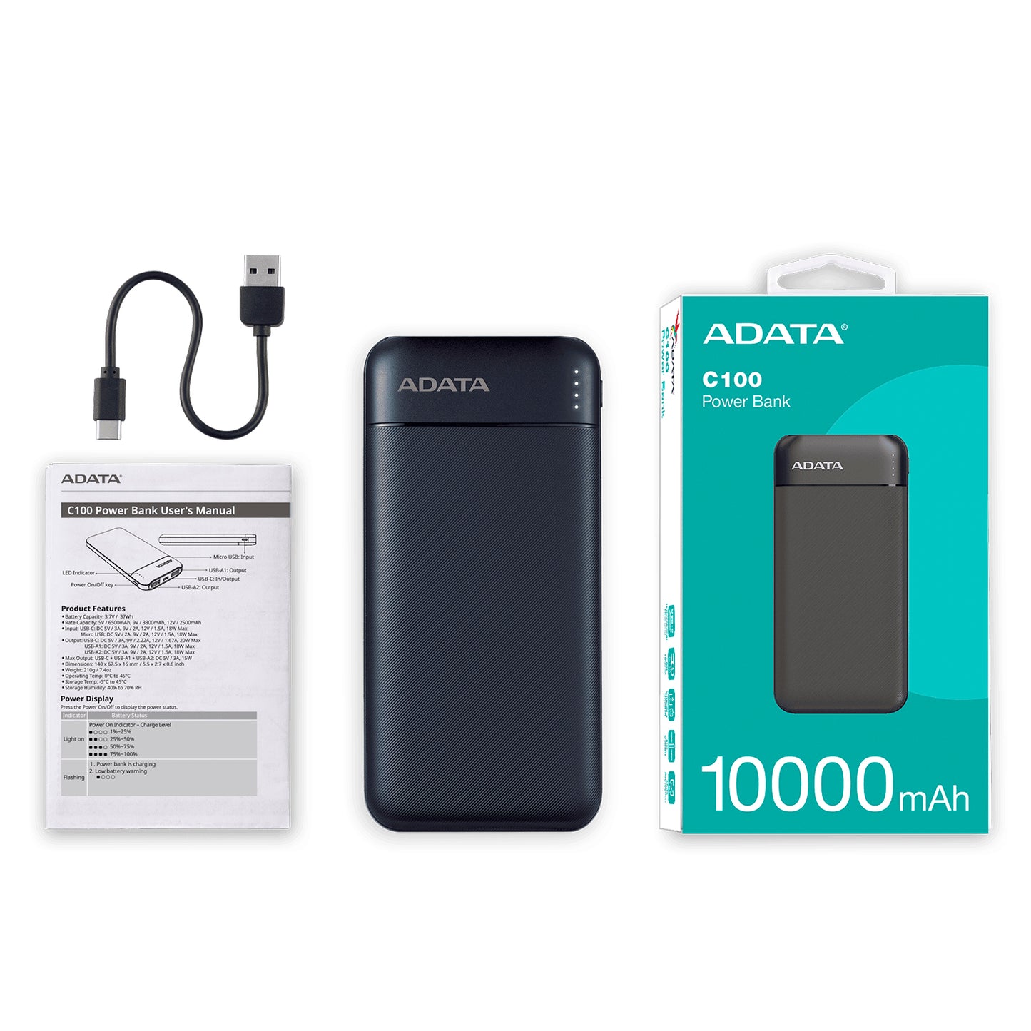 Power Bank Adata 10000 Mah C100 Multi Carga – Negro