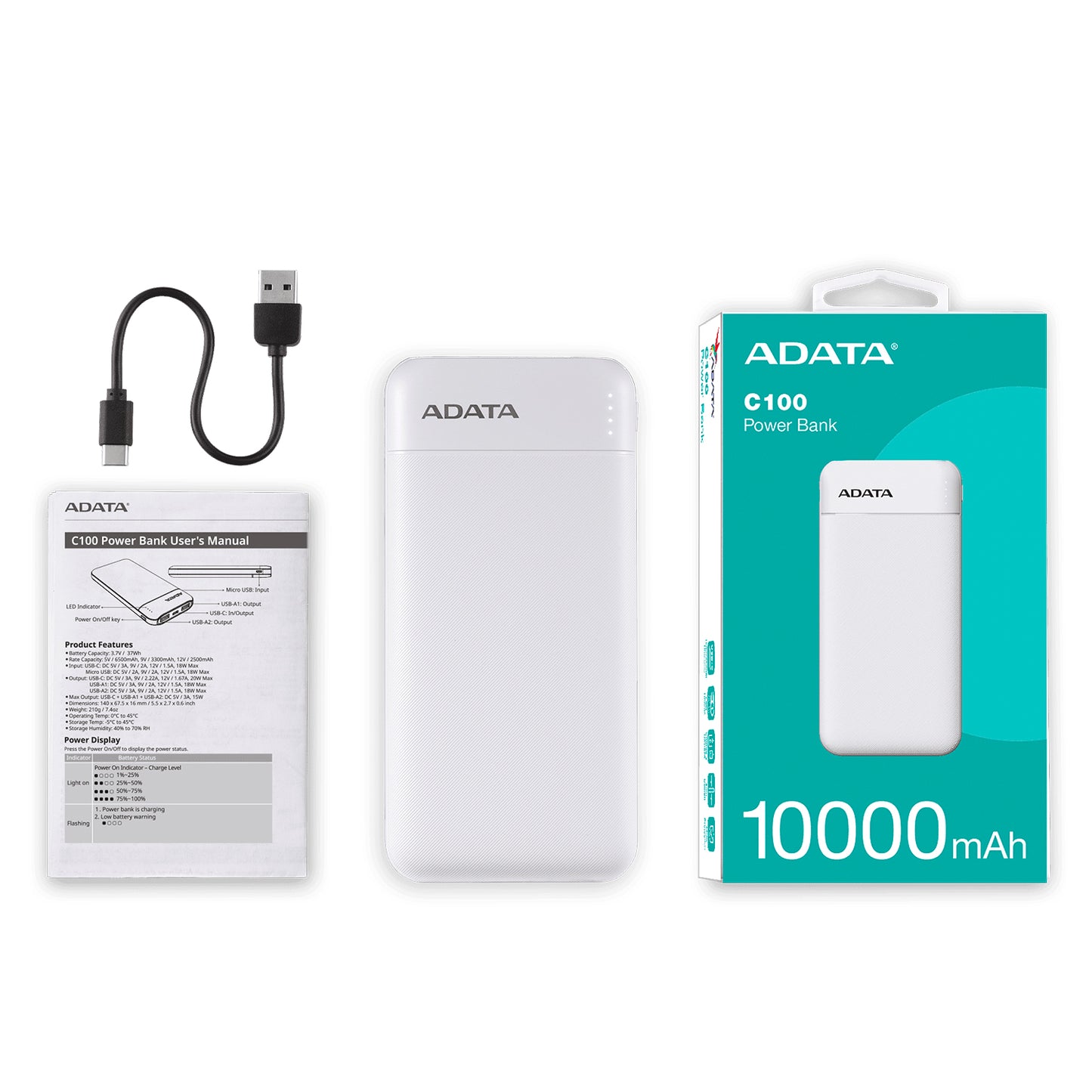 Power Bank Adata 10000 Mah C100 Multi Carga – Blanco